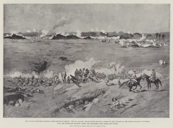 The Advance towards Dongola, the Battle of Ferket, the 3rd Brigade, under Major Maxwell, firing on the Village as the Three Brigades converged upon the River-Side Position where the Dervishes made the